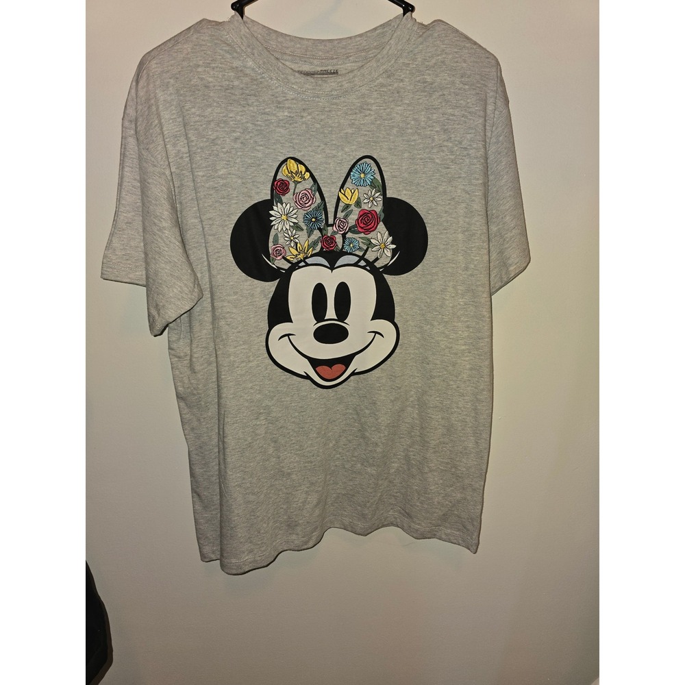 Disney Minnie Mouse Floral Bow Graphic T-Shirt Gray Freeze Medium Mens Womens